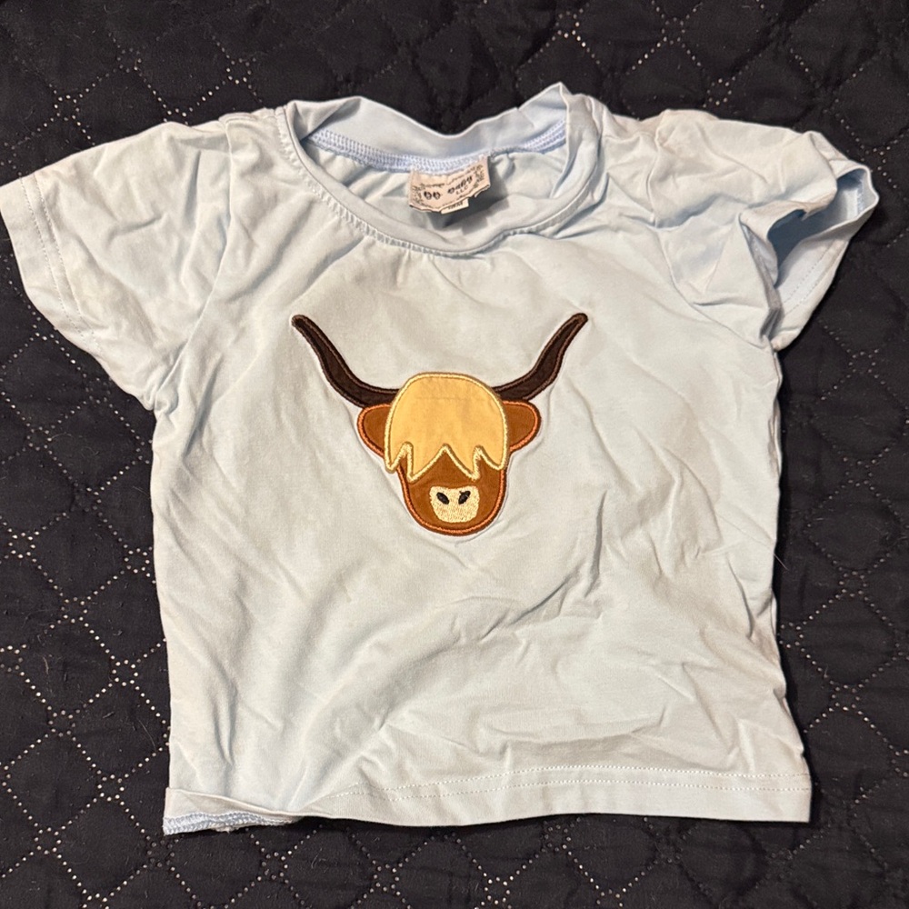 Kids Blue Aplique T-Shirt with Highland Cow